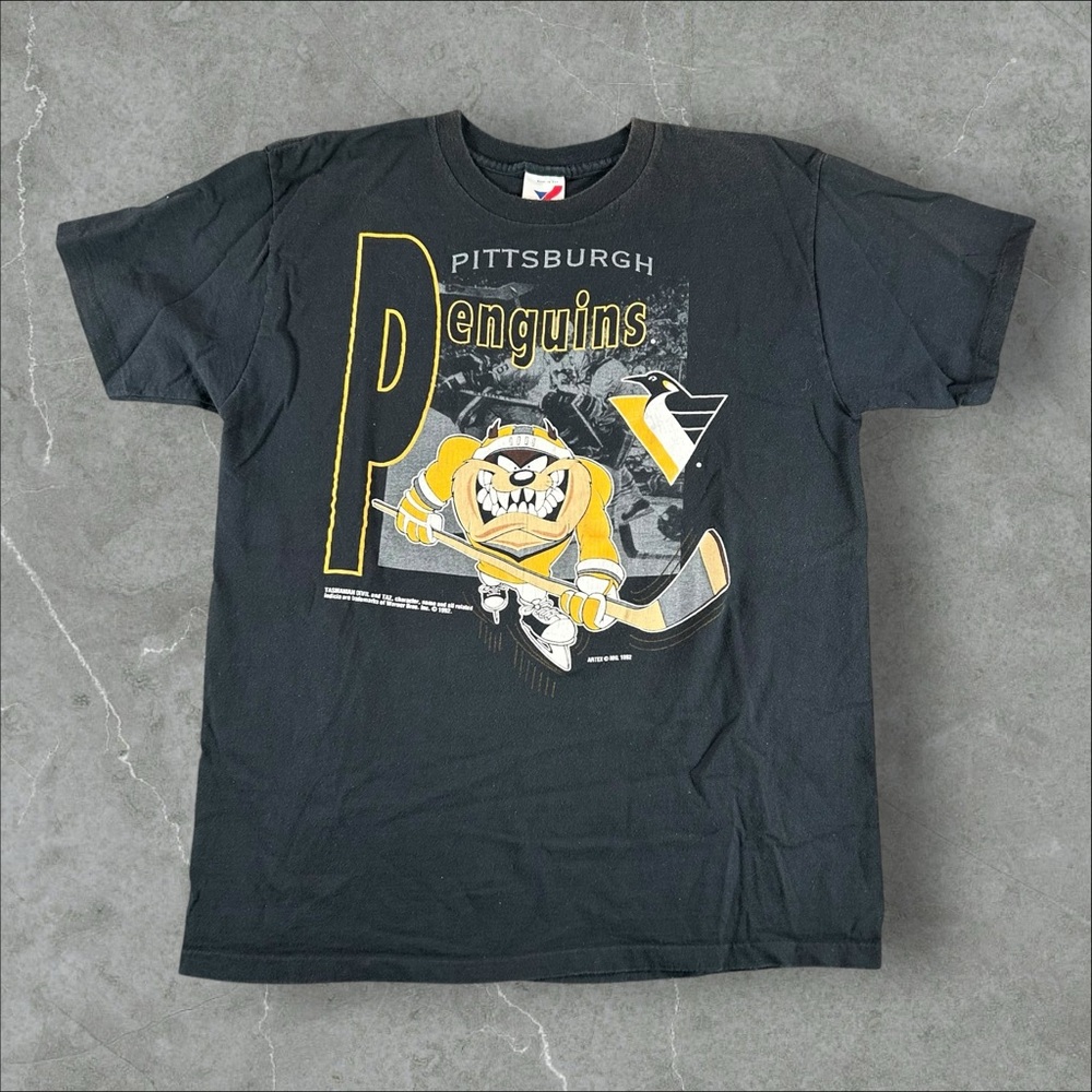 Vintage Pittsburgh‎ Penguins Shirt Mens Large Black Artex 1992 Tazmanian Devil